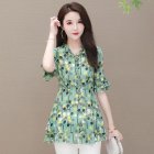 Summer Short Sleeves Chiffon Shirt For Women Fashion Sweet Floral Printing Blouse Trendy V Neck Pullover Tops green 2XL