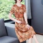 Summer Short Sleeves Dress For Women Large Size Round Neck Midi Skirt Elegant Letter Printing Dress orange M