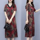 Summer Short Sleeves Dress For Women Fashion V Neck Ice Silk Midi Skirt Retro Printing Loose Large Size Dress red 2XL