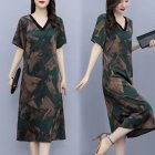 Summer Short Sleeves Dress For Women Fashion V Neck Ice Silk Midi Skirt Retro Printing Loose Large Size Dress green XL