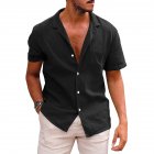 Summer Short Sleeves Shirt For Men Fashion Lapel Cotton Linen Button Cardigan Tops black L
