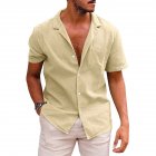 Summer Short Sleeves Shirt For Men Fashion Lapel Cotton Linen Button Cardigan Tops Khaki L