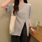 Summer Short Sleeves T-shirt For Women Casual Large Size Irregular Split Blouse Round Neck Solid Color Tops light grey M