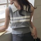 Summer Sleeveless Tank Tops For Women Fashion Striped Lapel Knitted Shirt Elegant Slim Fit Vest grey one size