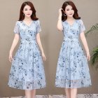 Summer Slim V-neck Floral Dress Elegant Short Sleeves Middle Long Printing Causal Dress blue_3XL