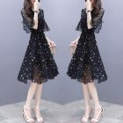 Summer Slim V-neck Ribbon Dress Elegant Star Flare Sleeves Middle Long Printing Dress black_M