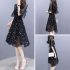 Summer Slim V neck Ribbon Dress Elegant Star Flare Sleeves Middle Long Printing Dress black M