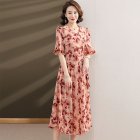 Summer V Neck Plus Size Dress For Women Short Sleeve Floral Printing Ruffled A-line Skirt High Waist Midi Skirt red 5XL