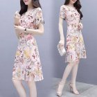 Summer Women Fashion Elegant Slim Flower Printing Short Sleeve Dress Photo Color_XL
