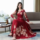 Summer Women Long Sleeves Dress Elegant Flower Printing Long Skirt Casual Round Neck Large Size Dress red XL