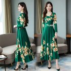 Summer Women Long Sleeves Dress Elegant Flower Printing Long Skirt Casual Round Neck Large Size Dress green 4XL