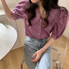 Summer Women Short Sleeves Shirt Trendy French Doll Collar Puff Sleeves Chiffon Blouse Solid Color Single-breasted Tops purple pink XL