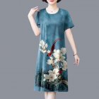 Summer Women Short Sleeves Dress Retro Printing Round Neck Loose A-line Skirt Large Size Casual Midi Skirt light blue 2XL