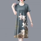Summer Women Short Sleeves Dress Retro Printing Round Neck Loose A-line Skirt Large Size Casual Midi Skirt grey L