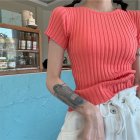 Summer Women Short Sleeves T-shirt Trendy Slim Fit High Waist Knitted Crop Top Round Neck Solid Color Blouse watermelon red One size