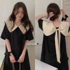 Summer Women Short Sleeves Dress Sweet Large Bowknot Contrast Color Doll Collar A-line Skirt Casual Pullover Midi Skirt black M