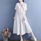 Summer Women Short Sleeves Dress Fashion V Neck High Waist A-line Skirt Retro Embroidered Large Size Dress White 2XL