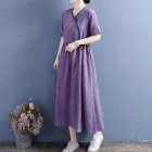 Summer Women Short Sleeves Dress Fashion V Neck High Waist A-line Skirt Retro Embroidered Large Size Dress Purple 2XL