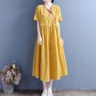 Summer Women Short Sleeves Dress Fashion V Neck High Waist A-line Skirt Retro Embroidered Large Size Dress yellow L
