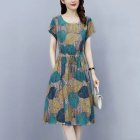 Summer Women Short Sleeves Dress Fashion Floral Printing Round Neck A-line Skirt Casual Pullover Mid-length Dress green M