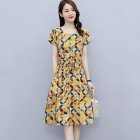 Summer Women Short Sleeves Dress Fashion Floral Printing Round Neck A-line Skirt Casual Pullover Mid-length Dress yellow XXL