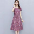 Summer Women Short Sleeves Dress Fashion Floral Printing Round Neck A-line Skirt Casual Pullover Mid-length Dress Pink XXL