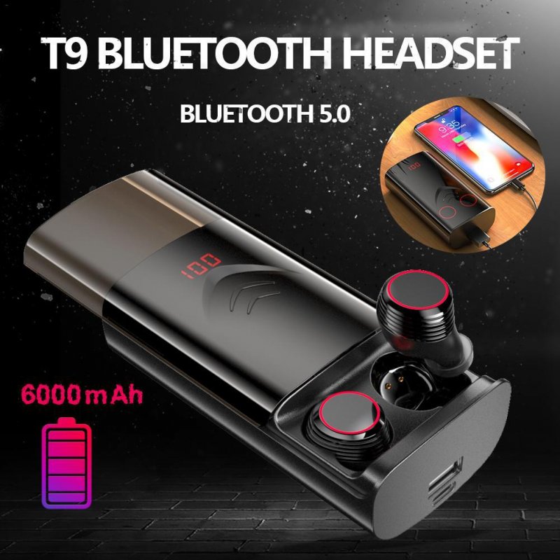 T9 TWS Wireless Bluetooth 5.0 Earphones Stereo HiFi Earphones Earbuds with 6000mAh Charging Case  black
