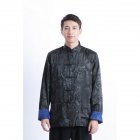 Tang-suit For Men Chinese Traditional Satin Hanfu Tops Long Sleeves Cardigan Single-breasted Performance Jacket blue and black XXXL