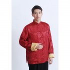 Tang-suit For Men Chinese Traditional Satin Hanfu Tops Long Sleeves Cardigan Single-breasted Performance Jacket red and gold XXL