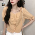 Trendy French Square Collar T-shirt For Women Short Sleeves Simple Elegant Solid Color Slim Fit Blouse yellow M