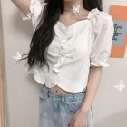 Trendy French Square Collar T-shirt For Women Short Sleeves Simple Elegant Solid Color Slim Fit Blouse White M