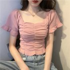 Trendy French Style Knitted Shirt For Women Short Sleeves Square Neck Crop Top Slim Fit Solid Color Blouse Skin Pink One size (recommended 35-60kg)