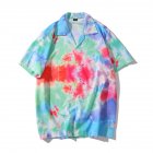 Trendy Short Sleeves T-shirt For Men Women Tie-dye Printed Gradient Color Tops Lapel Loose Cardigan Shirts As shown XL