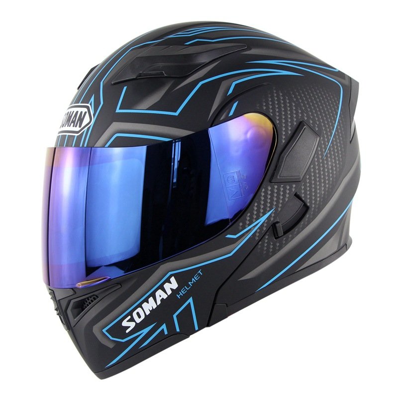 Unisex Double Lens Flip-up Motorcycle Helmet High Strength Safety Helmet Matte black blue with blue lens_M