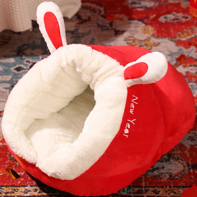 Winter Warm Plush Cozy Nest Slippers Shape Thickened Sleeping Cushion Mat For Small Medium Cats Dogs red rabbit M [50 x 35 x 30cm]