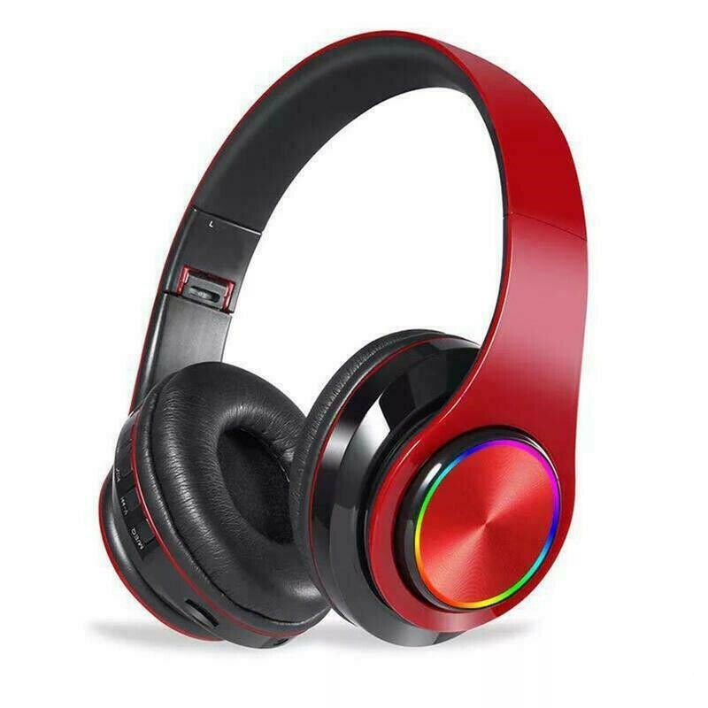 Wireless Luminous Headphones Bluetooth V5.0 Earphones Over-Ear Stereo Super Bass Headset with Microphone red
