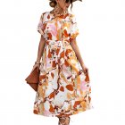 Women Boho Floral Dress Short Sleeves Round Neck Long Skirt Tie Back Casual Breathable Dress For Party orange L