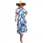 Women Boho Floral Dress Short Sleeves Round Neck Long Skirt Tie Back Casual Breathable Dress For Party blue M
