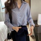 Women Button Down Shirts Lapel Long Sleeve Stripe Shirt Solid Color Work Office Business Casual Blouse Tops blue 3XL