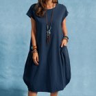 Women Casual Cotton Linen Dress With Pocket Short Sleeves Round Neck Pullover Midi Skirt Simple Solid Color Loose Dress navy blue S