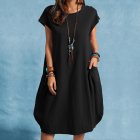Women Casual Cotton Linen Dress With Pocket Short Sleeves Round Neck Pullover Midi Skirt Simple Solid Color Loose Dress black M