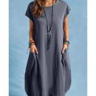 Women Casual Cotton Linen Dress With Pocket Short Sleeves Round Neck Pullover Midi Skirt Simple Solid Color Loose Dress grey M