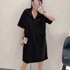 Women Casual Hooded Dress With Pockets Solid Color Large Size Short Sleeve V-neck Dress Bottoming Skirt black S