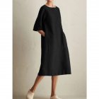 Women Casual Short Sleeve Dress Solid Color Round Neck Fashionable Pocket Long Dress black S