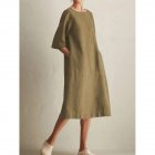 Women Casual Short Sleeve Dress Solid Color Round Neck Fashionable Pocket Long Dress Khaki XL