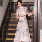 Women Cheongsam Dress Short Sleeves Traditional Chinese Style Embroidered Chiffon Long Skirt Elegant Stand Collar Dress CQ3-2 light pink XXXXL