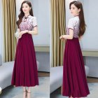 Women Cheongsam Dress Summer Short Sleeves Stand Collar A-line Skirt High Waist Large Swing Dress p01 red L