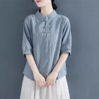 Women Cotton Linen Blouse Retro Chinese Style Stand Collar T-shirt Loose Casual Solid Color Pullover Tops blue XL