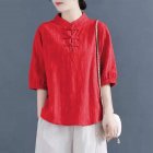 Women Cotton Linen Blouse Retro Chinese Style Stand Collar T-shirt Loose Casual Solid Color Pullover Tops China red 4XL