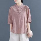 Women Cotton Linen Blouse Retro Chinese Style Stand Collar T-shirt Loose Casual Solid Color Pullover Tops pink M